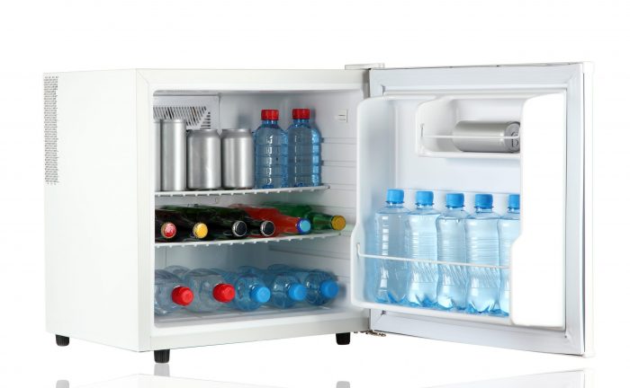 mini-fridge-pixel-shot-dot-com Open white frdge with beverages inside.