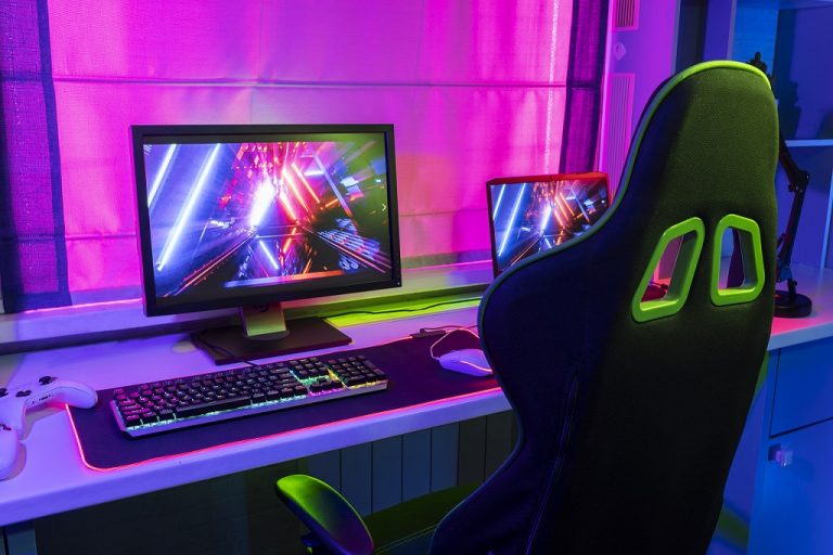 Gaming PC with gaming chair.