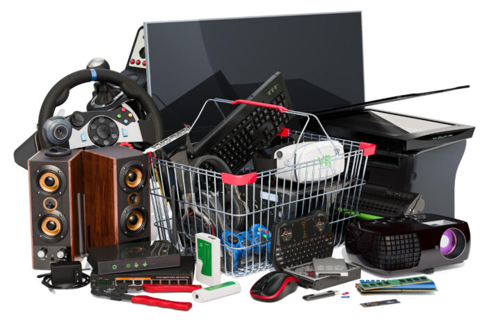 shopping-basket-with-computer-device-accessories-3d-rendering Top common items found in pawn shops like AJ’s Super Pawn