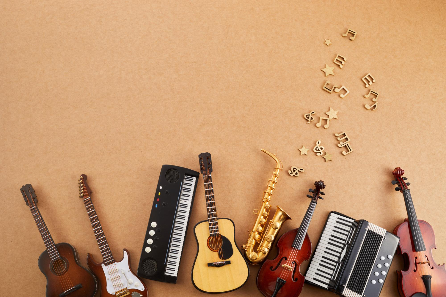 happy-world-music-day-musical-instruments-brown-background Pawn shop Pomona and Chino musical instruments