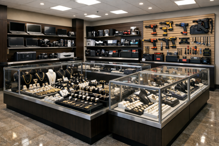 unclaimed pawn items displayed for resale inside a pawn shop