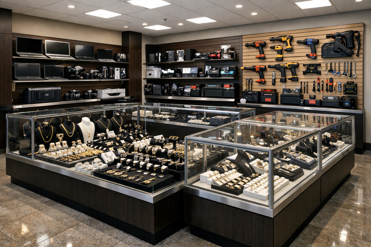 unclaimed pawn items displayed for resale inside a pawn shop