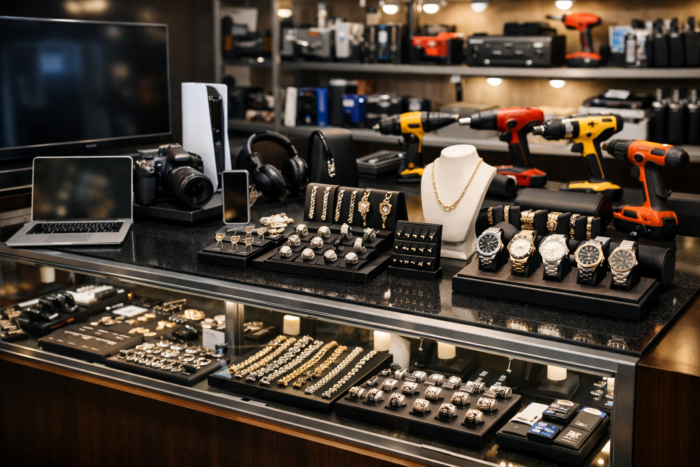 Pawn shop display of treasures easy to resell items displayed at a pawn shop counter
