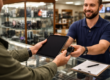 Customer pawning small electronics including tablet and smartwatch at pawn shop counter