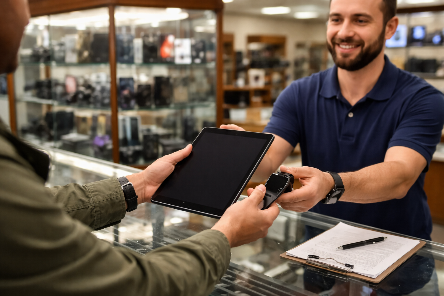 Customer pawning small electronics including tablet and smartwatch at pawn shop counter