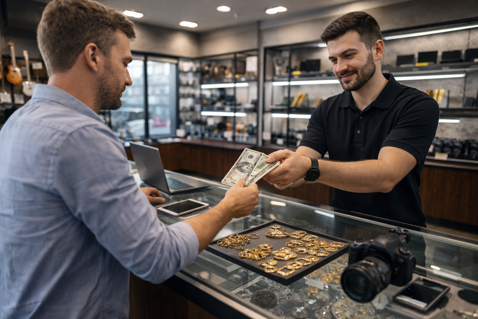 customer getting pawn loans during tax season at pawn shop
