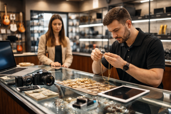 pawn shop employee evaluating items for pawn shop pricing