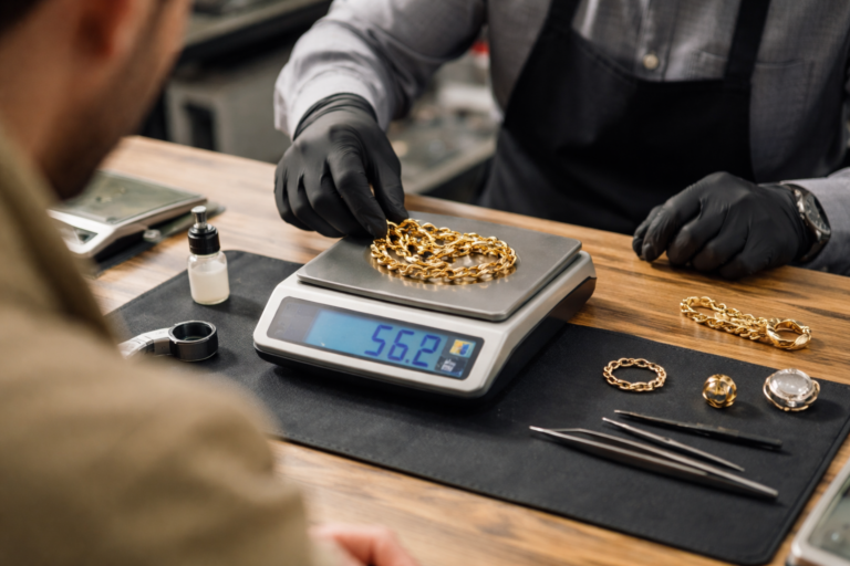 pawn shop evaluating pawn gold jewelry using scale and testing tools