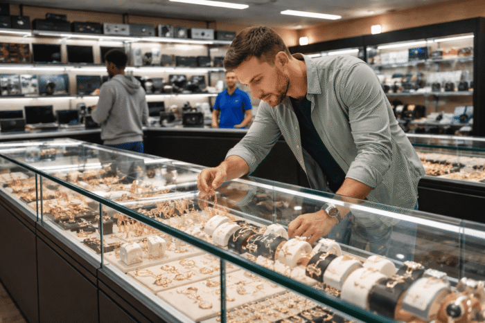 pawn shop benefits shown through customer buying second hand valuables