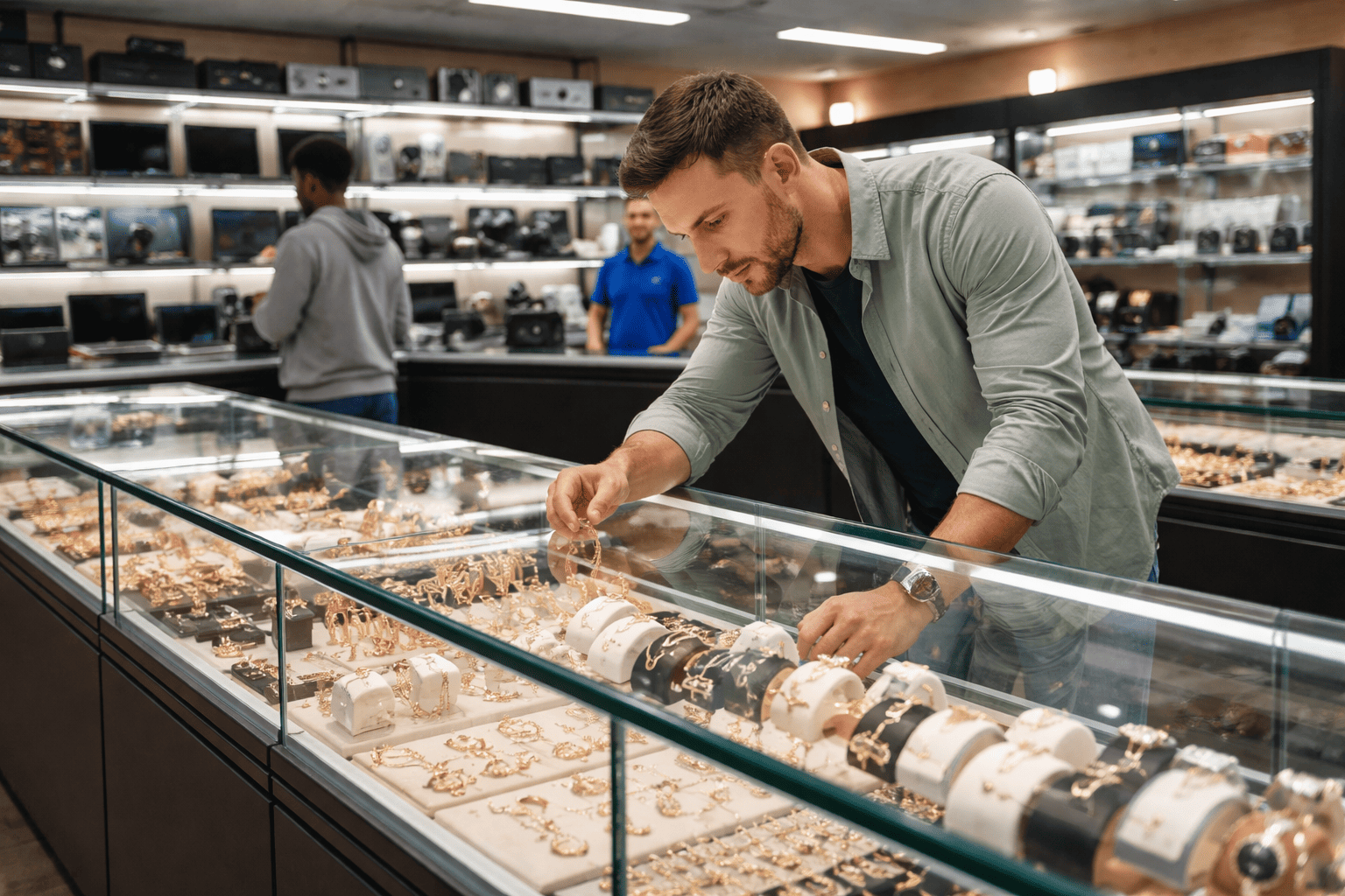 Browsing jewelry at the pawn shop pawn shop benefits shown through customer buying second hand valuables