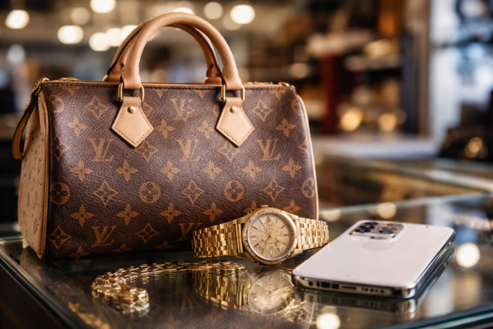 pawn luxury items including designer handbag, luxury watch, and smartphone on display