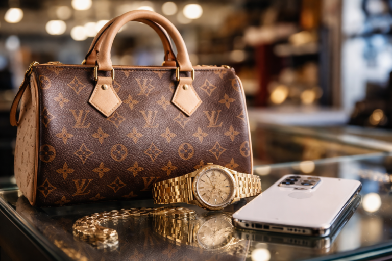 pawn luxury items including designer handbag, luxury watch, and smartphone on display
