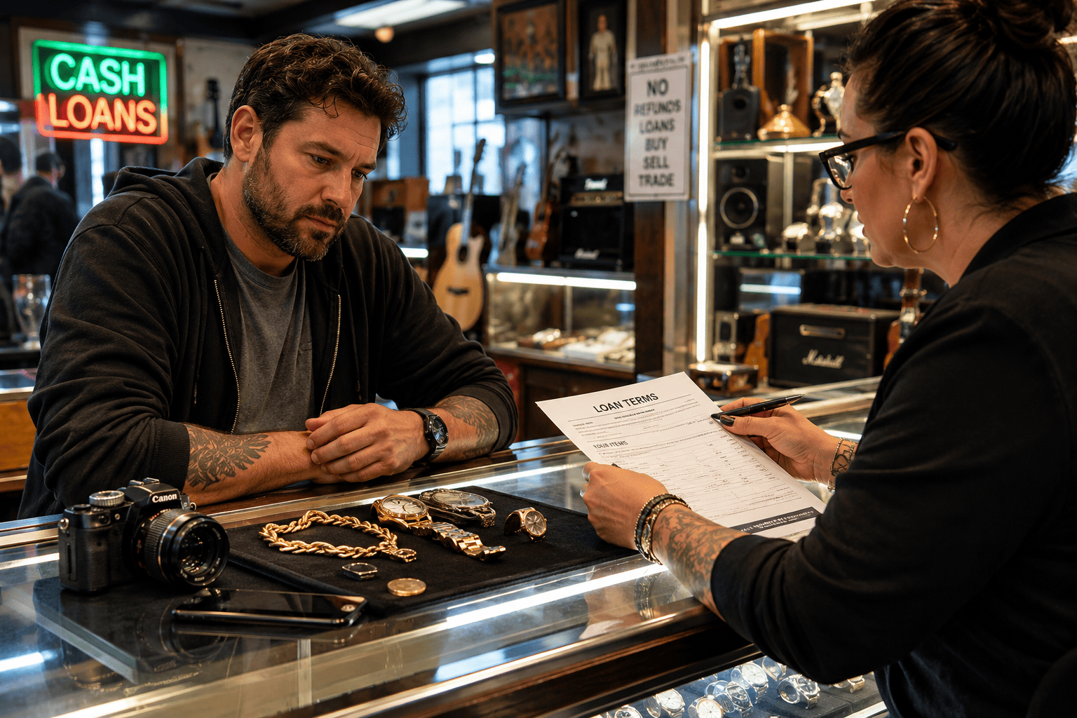 image-Pawn-shop-loan-transaction-in-progress Customer learning how to avoid common pawn loan mistakes at a pawn shop