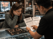 Customer deciding whether to pawn or sell jewelry during a financial emergency