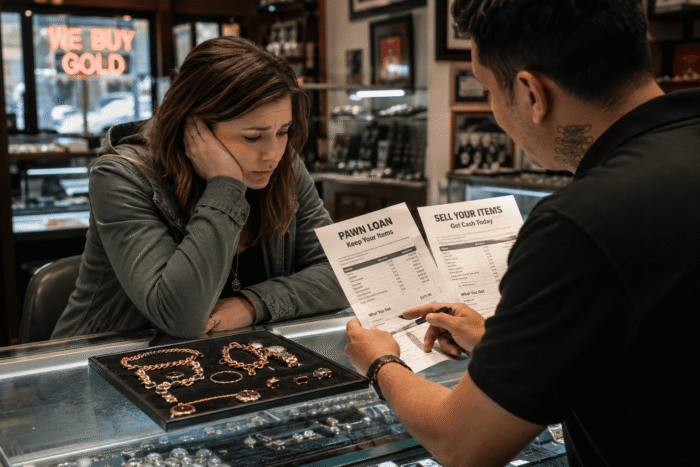 Customer deciding whether to pawn or sell jewelry during a financial emergency