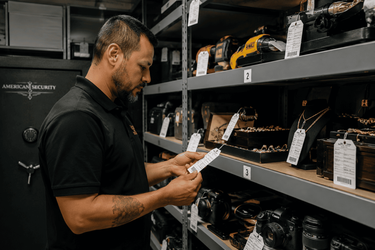 Pawn shop item storage with tagged valuables during a loan period